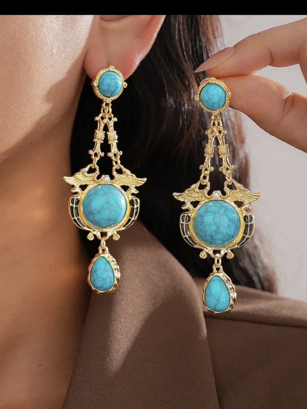 Gold Plated Bohemian Turquoise Tassel Earrings